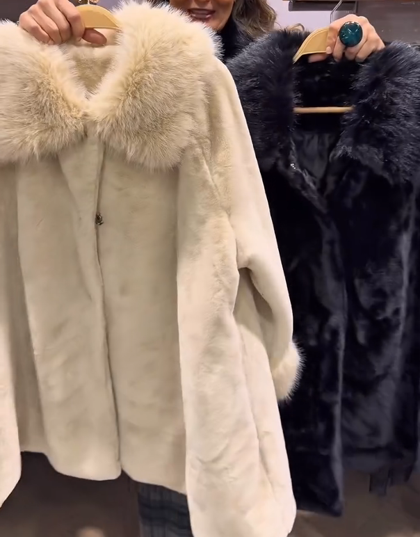 Two-tone plush coat with large fur collar