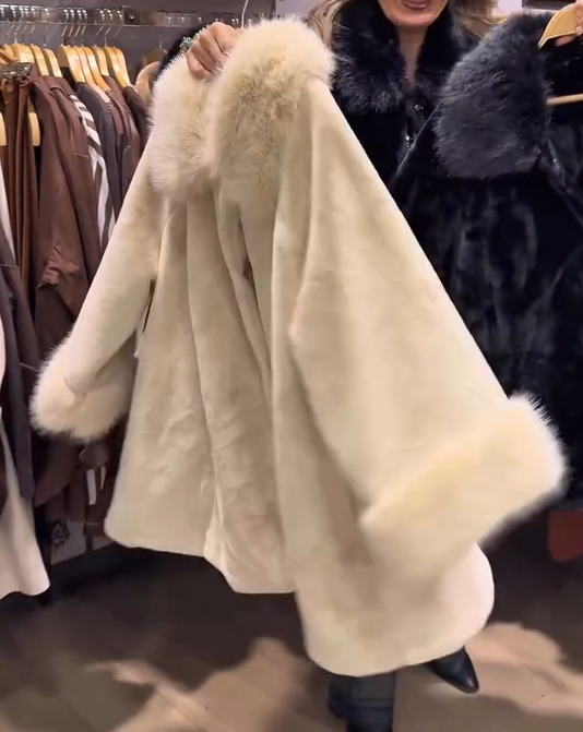 Two-tone plush coat with large fur collar
