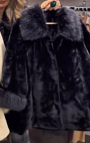 Two-tone plush coat with large fur collar