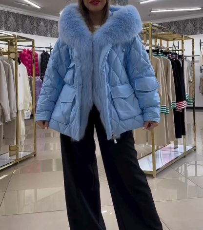 Light Blue Diamond Pattern Down Jacket with Fur Collar