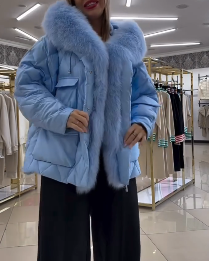 Light Blue Diamond Pattern Down Jacket with Fur Collar