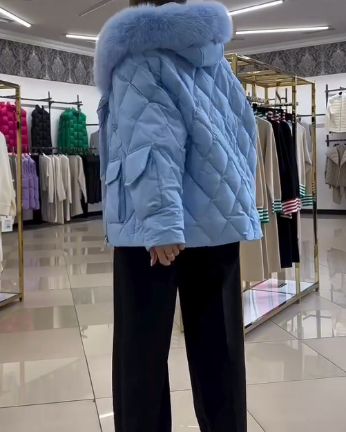 Light Blue Diamond Pattern Down Jacket with Fur Collar