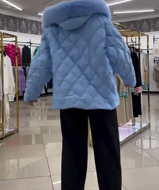 Light Blue Diamond Pattern Down Jacket with Fur Collar