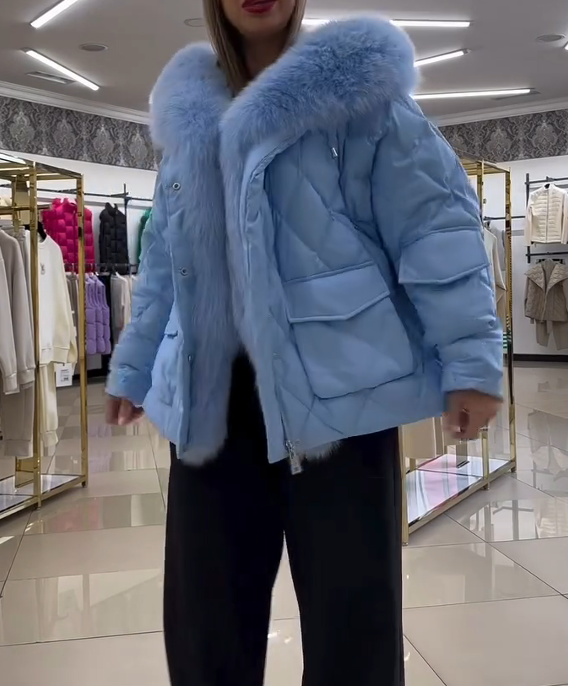 Light Blue Diamond Pattern Down Jacket with Fur Collar