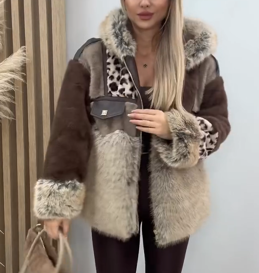 Brown-Grey Leopard Print Plush Coat