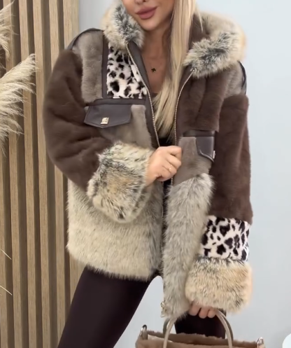 Brown-Grey Leopard Print Plush Coat