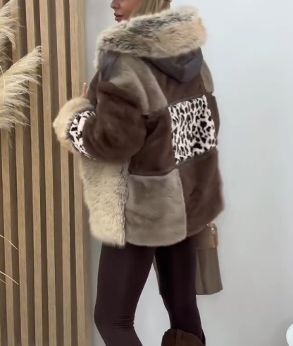 Brown-Grey Leopard Print Plush Coat