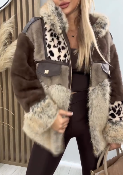 Brown-Grey Leopard Print Plush Coat
