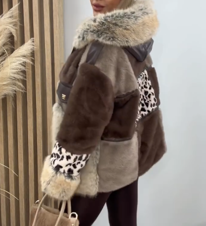 Brown-Grey Leopard Print Plush Coat