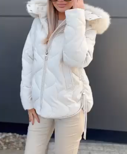 Diamond Pattern Cotton-Padded Jacket with Fur Collar