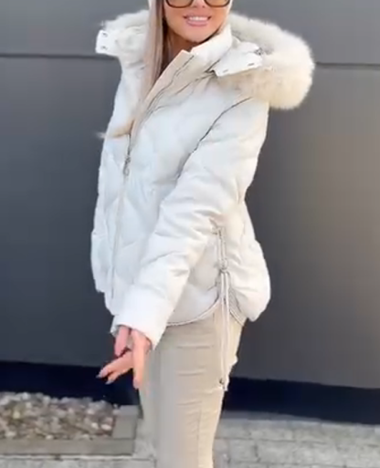 Diamond Pattern Cotton-Padded Jacket with Fur Collar