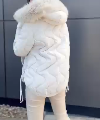 Diamond Pattern Cotton-Padded Jacket with Fur Collar