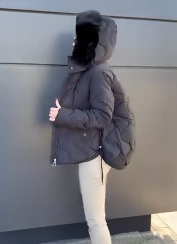 Diamond Pattern Cotton-Padded Jacket with Fur Collar