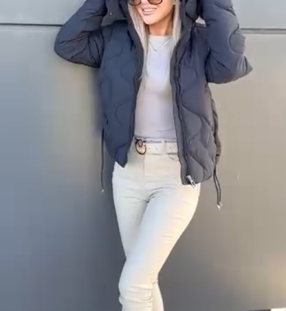 Diamond Pattern Cotton-Padded Jacket with Fur Collar