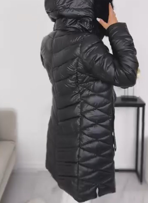Down Jacket with Fur Collar and Slim Fit, Glossy Finish