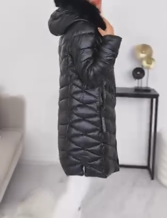Down Jacket with Fur Collar and Slim Fit, Glossy Finish