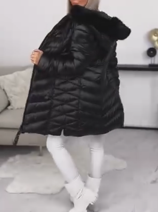 Down Jacket with Fur Collar and Slim Fit, Glossy Finish