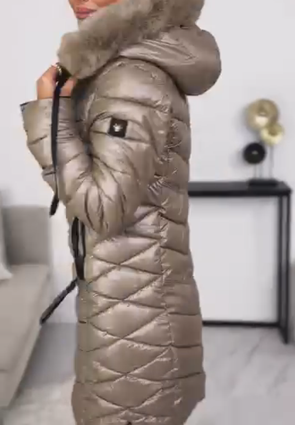 Down Jacket with Fur Collar and Slim Fit, Glossy Finish