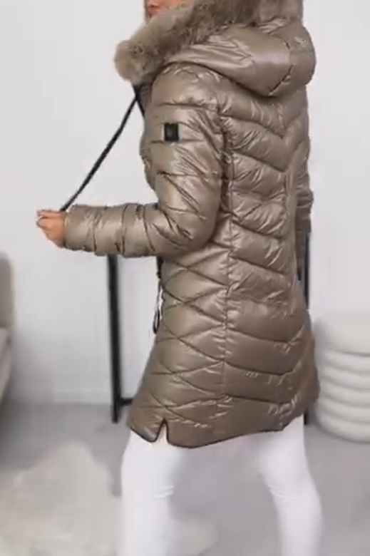 Down Jacket with Fur Collar and Slim Fit, Glossy Finish