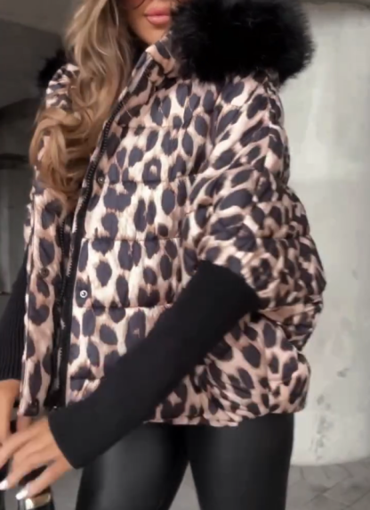 Leopard Print Patchwork Down Jacket with Fur Collar