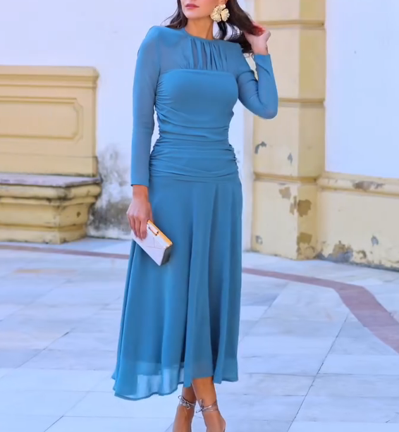 Misty Blue Pleated Waist-cinching Mesh Dress