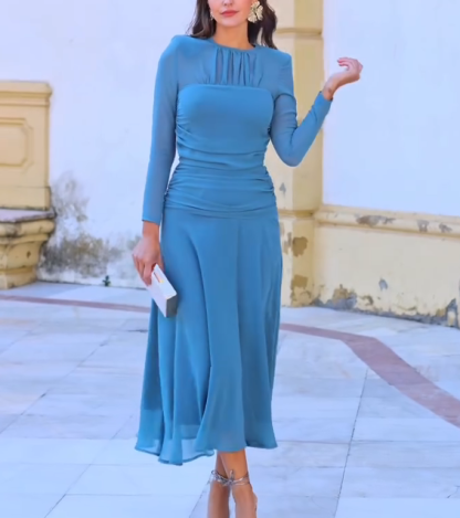 Misty Blue Pleated Waist-cinching Mesh Dress