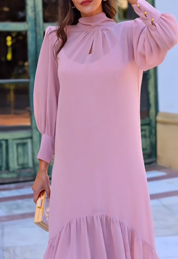 Stand-up Collar Hollow-Out Ruffle Dress