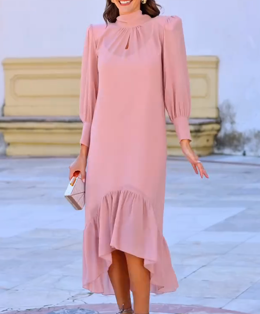 Stand-up Collar Hollow-Out Ruffle Dress