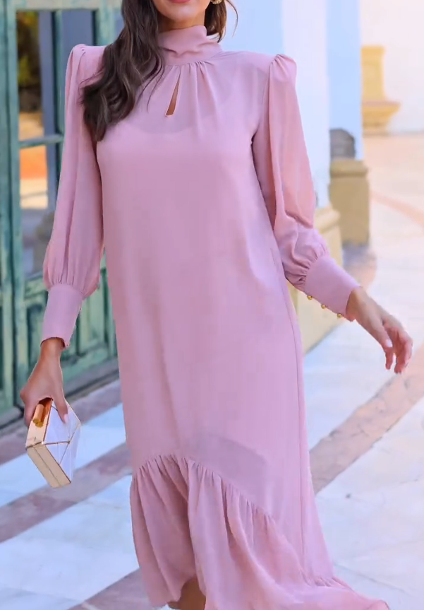 Stand-up Collar Hollow-Out Ruffle Dress