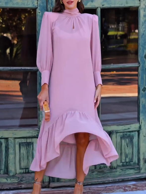 Stand-up Collar Hollow-Out Ruffle Dress