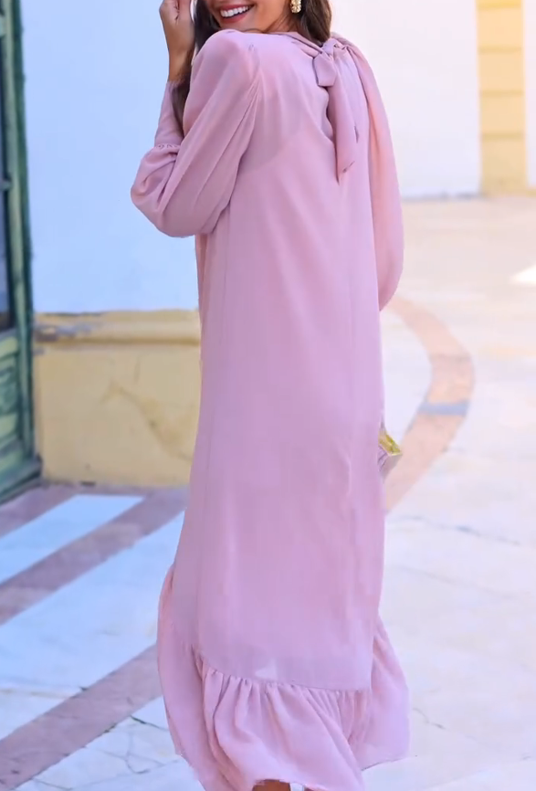 Stand-up Collar Hollow-Out Ruffle Dress