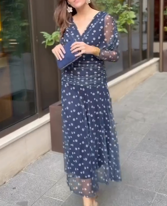 Navy Blue Polka Dot Mesh Dress