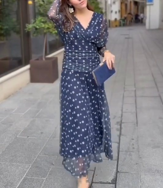 Navy Blue Polka Dot Mesh Dress