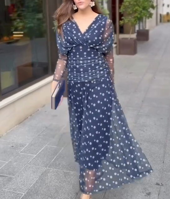 Navy Blue Polka Dot Mesh Dress