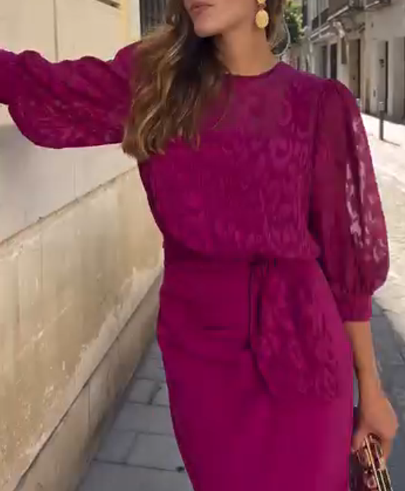 Fuchsia Jacquard Patchwork Slit Dress