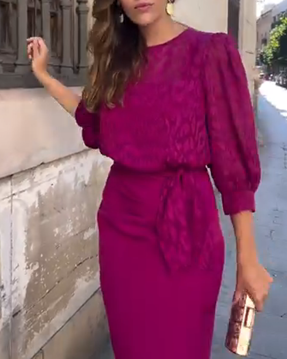 Fuchsia Jacquard Patchwork Slit Dress