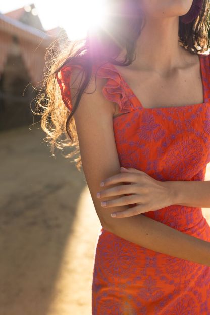 Orange-Red Jacquard Square-Neck Ruffled Dress