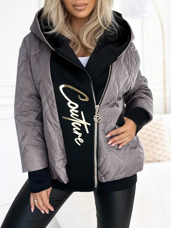 Casual Hooded Zipper Coat with Contrast Color Stitching and Letter Print