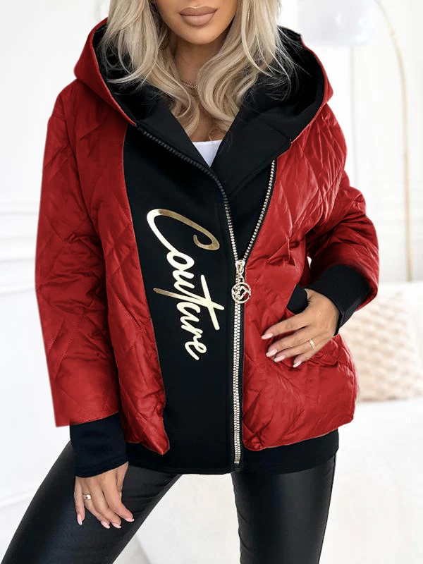 Casual Hooded Zipper Coat with Contrast Color Stitching and Letter Print