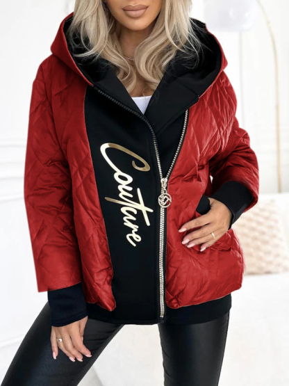 Casual Hooded Zipper Coat with Contrast Color Stitching and Letter Print