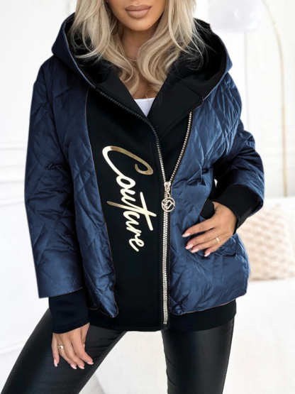 Casual Hooded Zipper Coat with Contrast Color Stitching and Letter Print