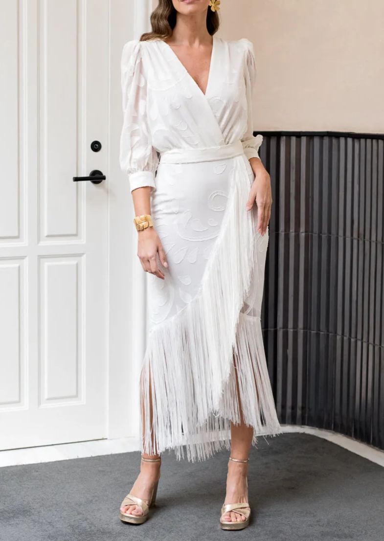 White brocade dress with fringes