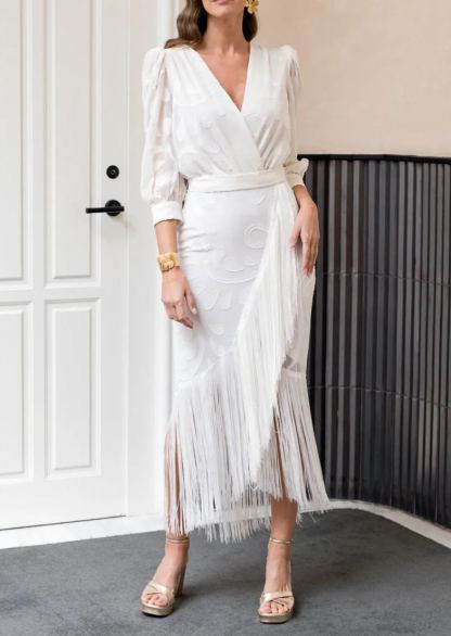 White brocade dress with fringes