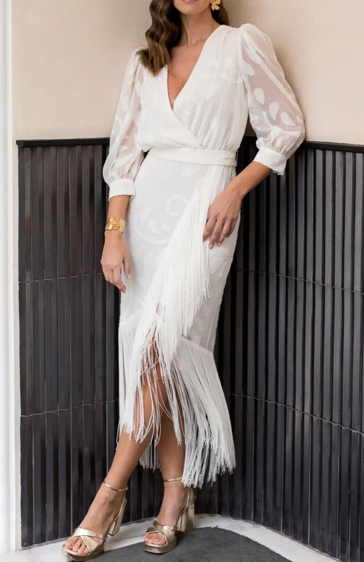 White brocade dress with fringes
