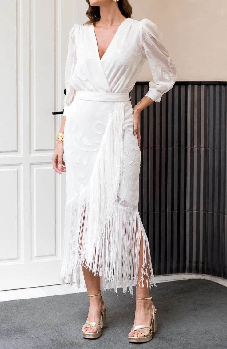White brocade dress with fringes
