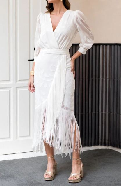 White brocade dress with fringes