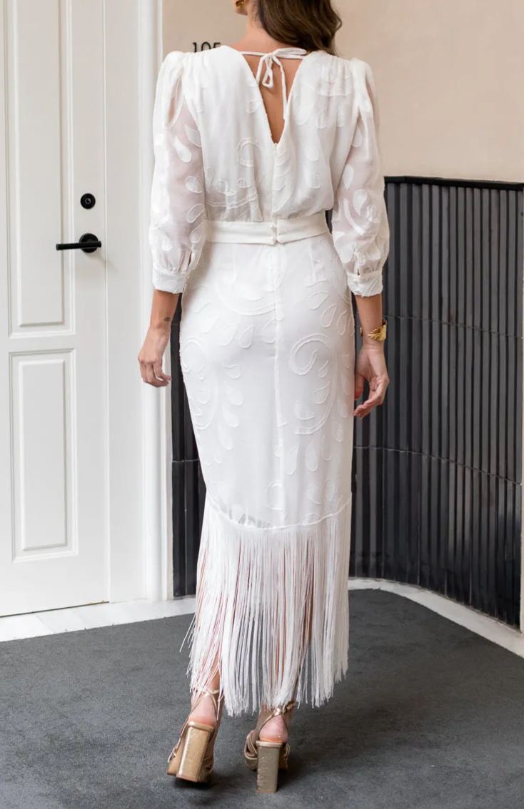 White brocade dress with fringes