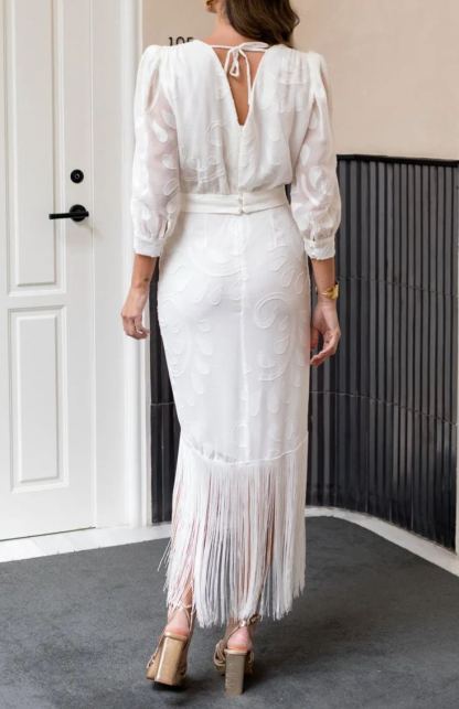 White brocade dress with fringes