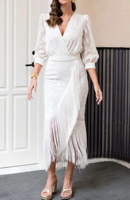 White brocade dress with fringes