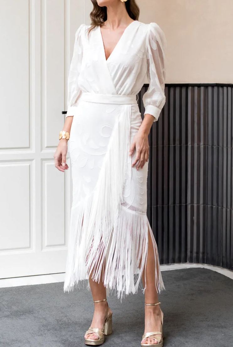 White brocade dress with fringes
